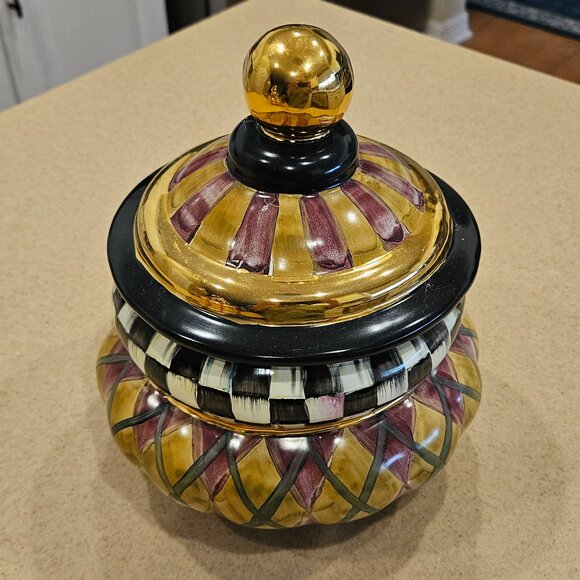 RARE MACKENZIE CHILDS ARGYLE PLAID AURORA CERAMIC GROOVY CANISTER JAR DISH - Picture 2 of 16